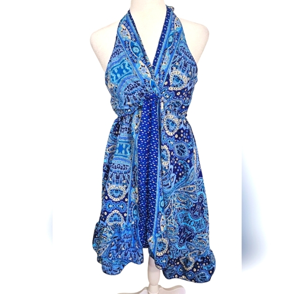 ASHLEY TAYLOR Silk Halter Paisley Print Sundress In Blue/white. O/S NWT - Picture 1 of 11